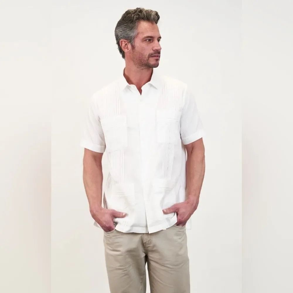 San Cristobal Short Sleeve 4-Pocket Havana Classic Guayabera Small White Casual
